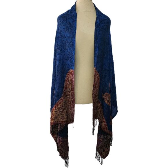 Pashmina Shawl Scarf Large Wool Blend Soft Blue Gold Tan Reversible Travel - Picture 5 of 9